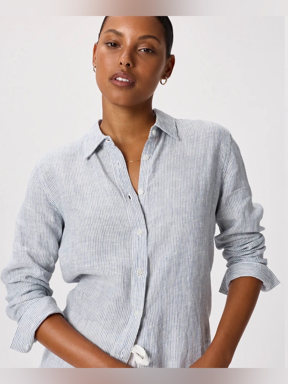 NWT Quince 100% Linen button down white blue stripe shirt size Small